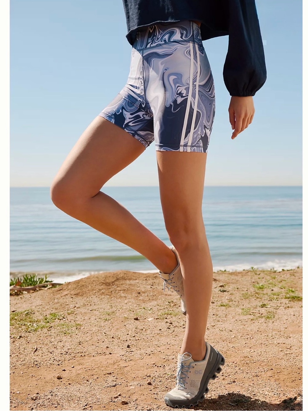 THE UPSIDE | Anthropologie Marbled Bike Shorts in Blue Motif, Size Small